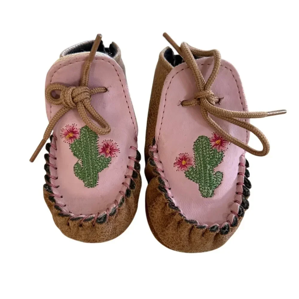 Old West Shyanne Infant Girl's Pink Brown Cactus Leather Moccasin Shoes